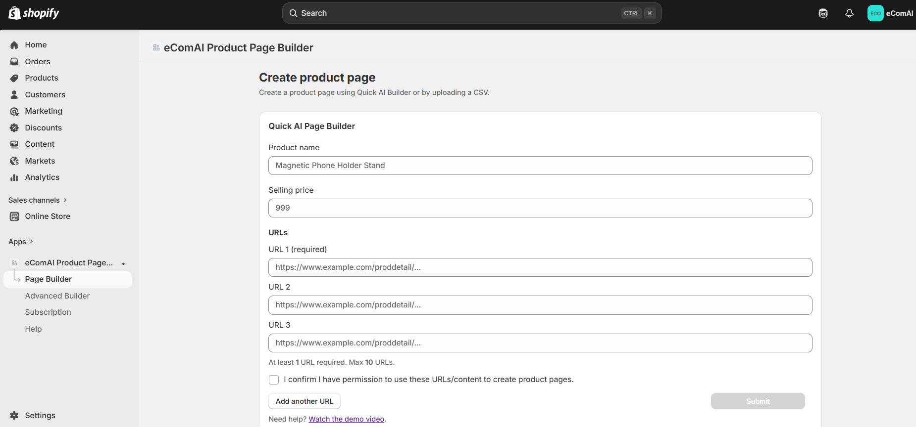 Quick Builder preview inside Shopify Admin